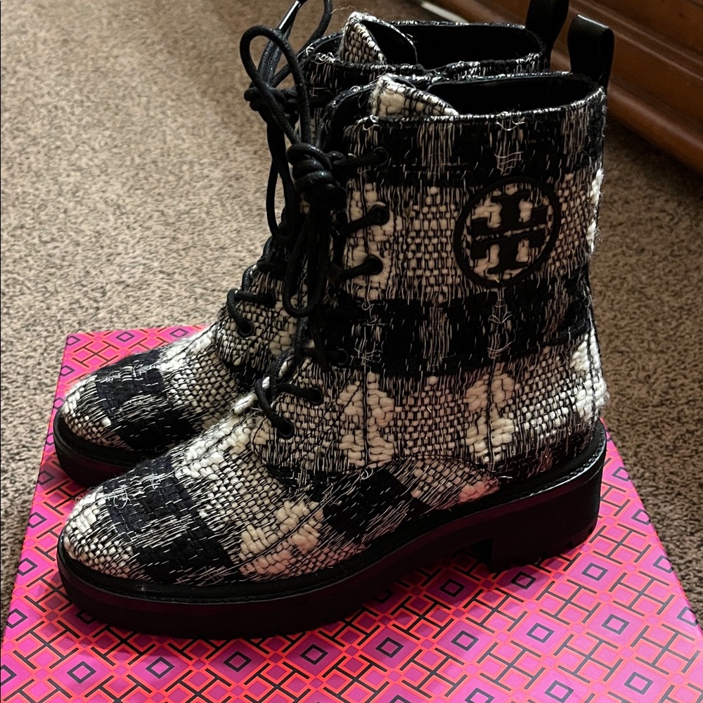Tory Burch Miller 55MM Lug Sole Bootie. Monochrome Patterned Boots